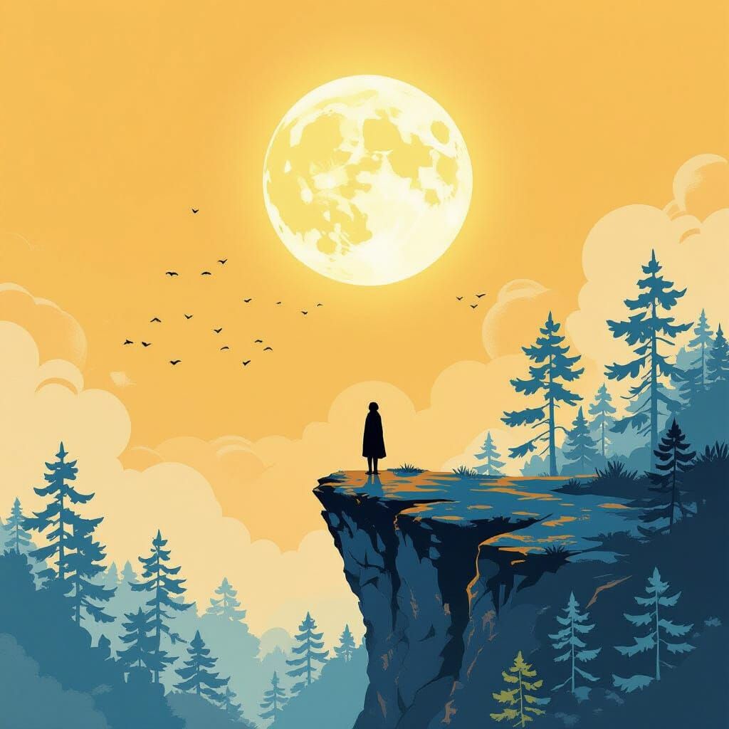 Lonely Figure on Cliff with Golden Moon
