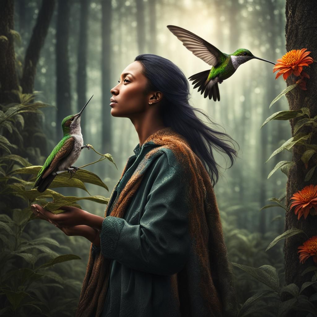 Hyperrealistic Lady in Woods with Hummingbird
