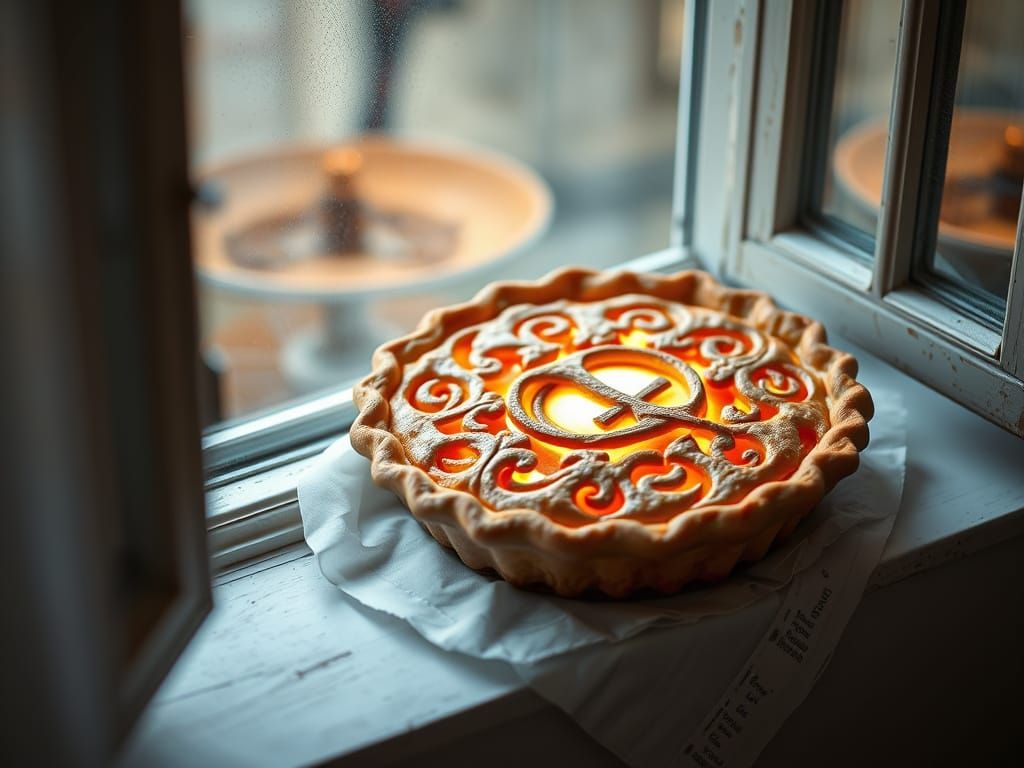 Magical Apple Pie with Glowing Runes on Window Sill
