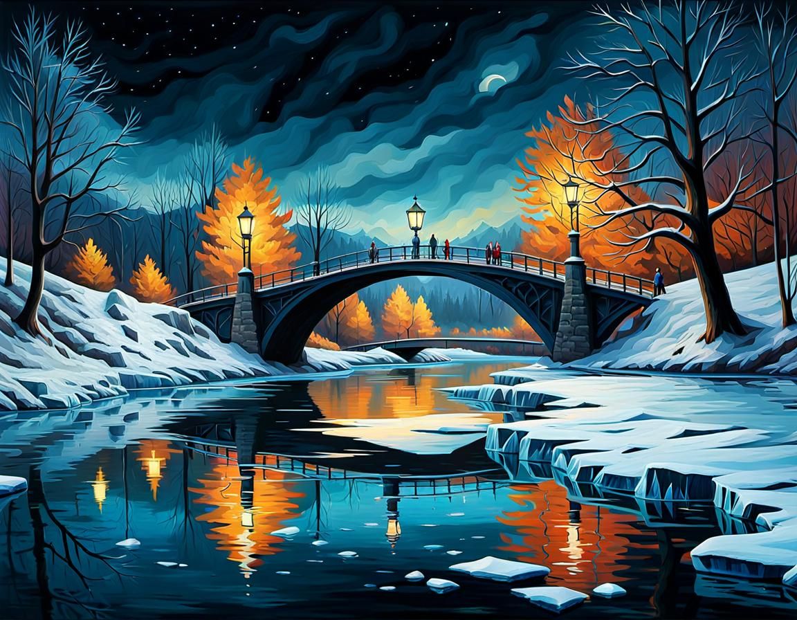 Night Riverscape with Ice and Sinister Lights