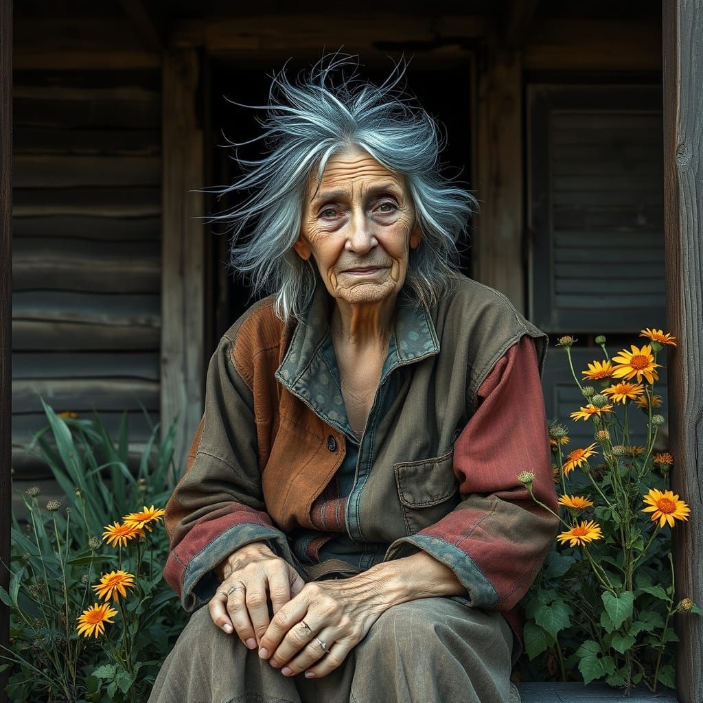 Melancholy Old Woman on Porch as Oil Painting