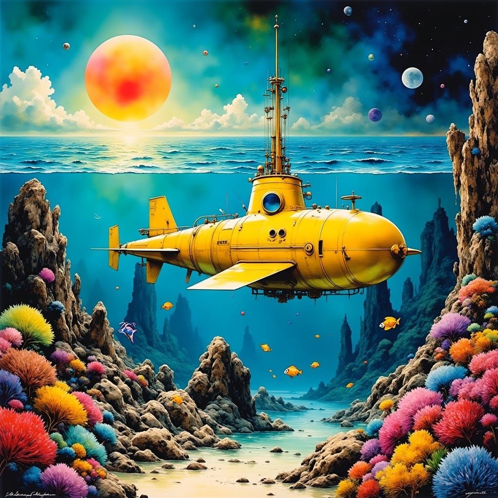 Surreal Yellow Submarine Dives into Whimsical Oceanic World