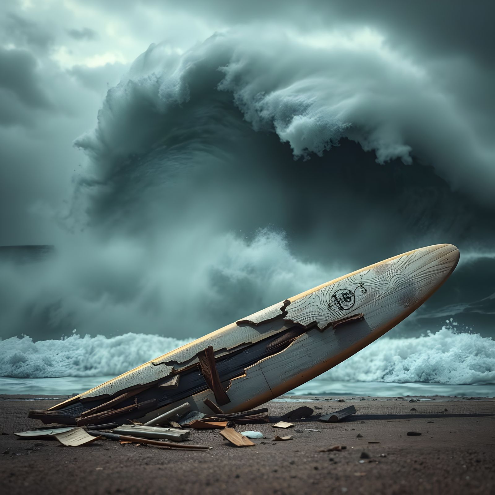 Fragile Surfboard Defeated by the Ocean's Fury
