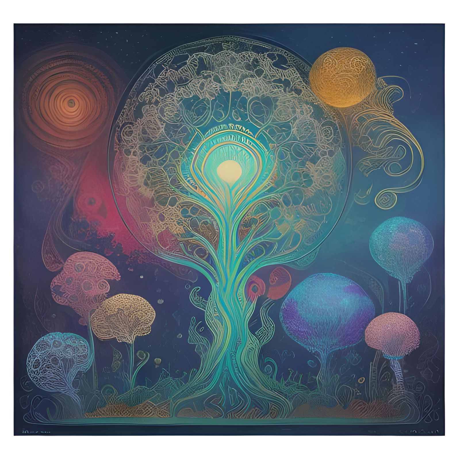 Cosmic Filigree Mushroom in Pre-1912 Mixed Media Style