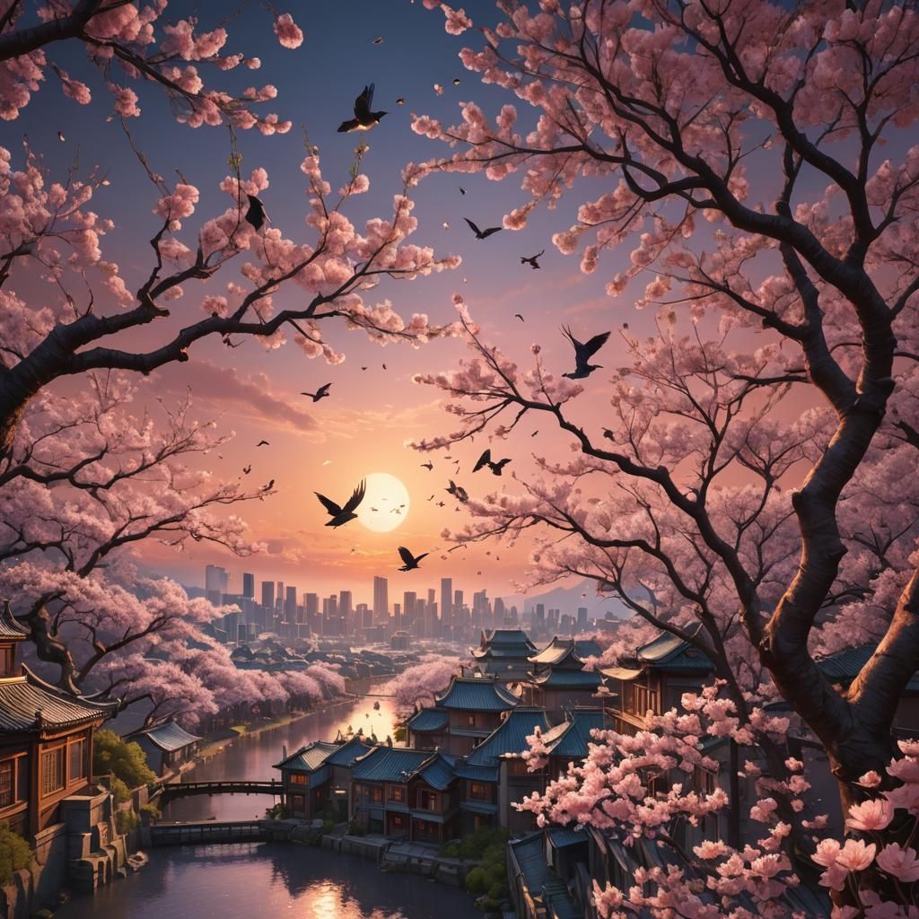 Cityscape Sunset with Cherry Blossoms and Birds