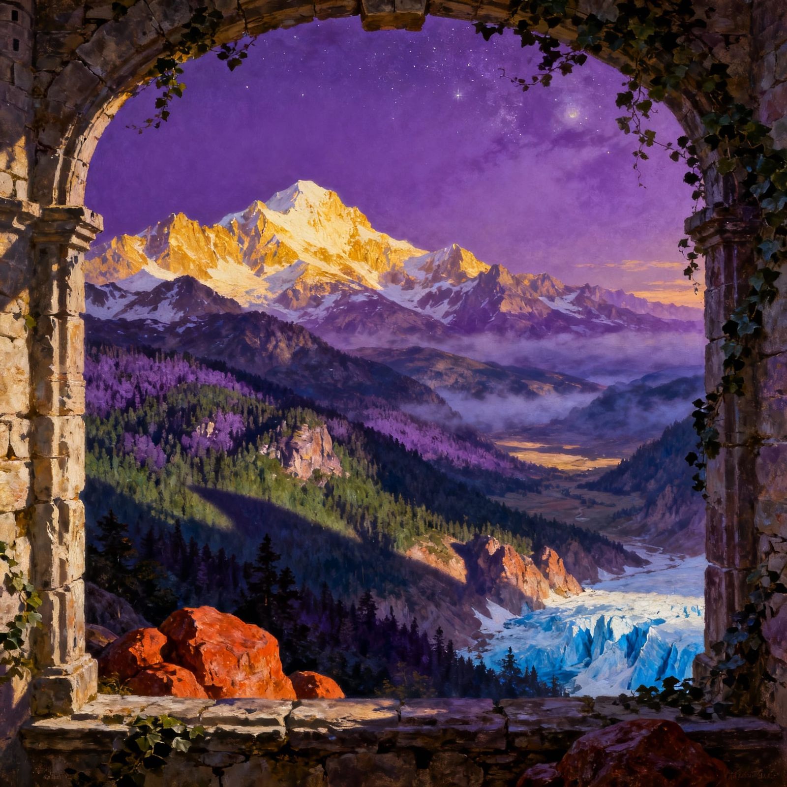 Epic Northern Mountain Landscape Through Castle Window