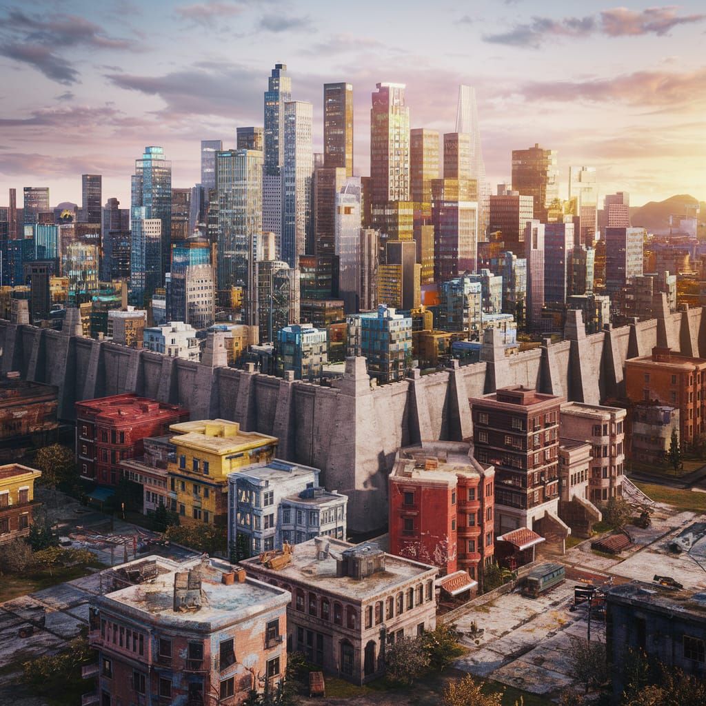 Futuristic Cityscape Separated from Abandoned Ruins