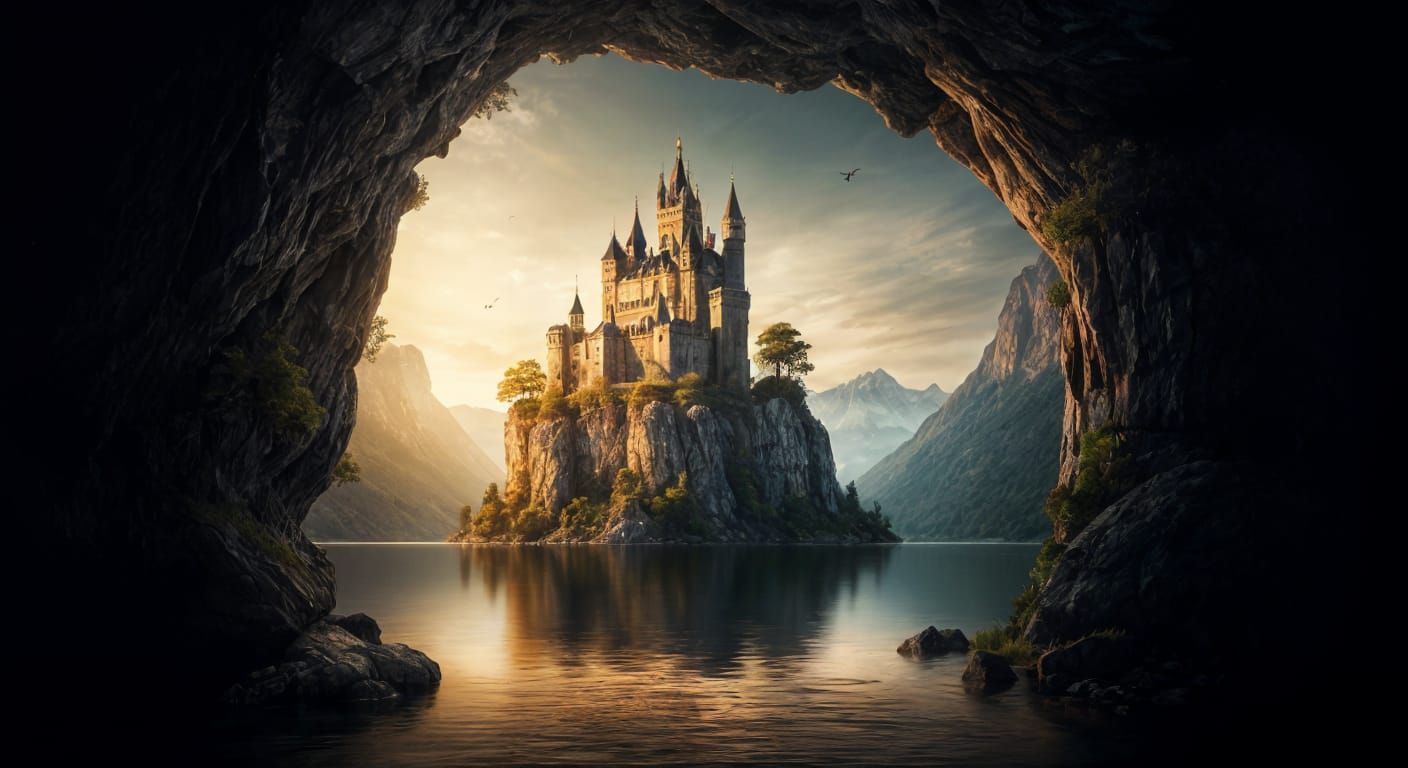 Fantasy Castle Island at Golden Hour Dawn