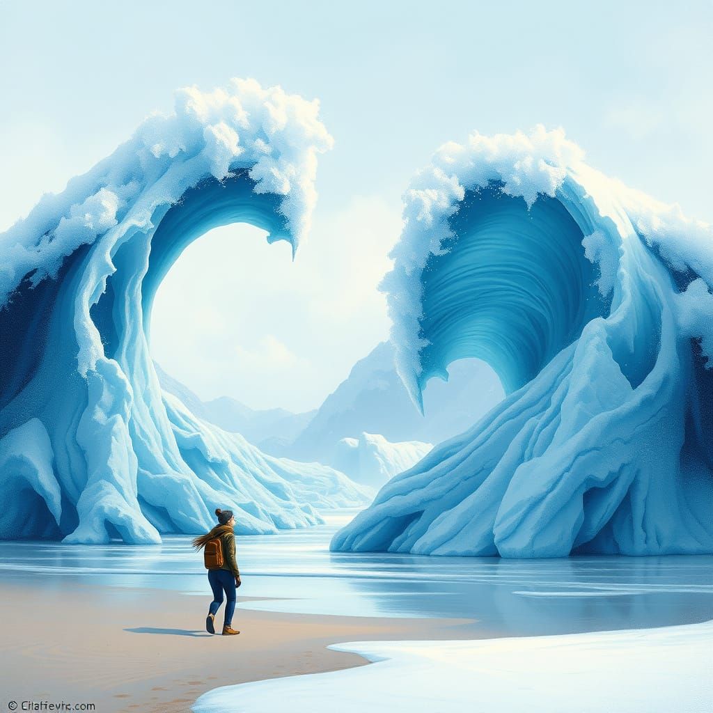 Frozen Blue Waves on Winter Beach