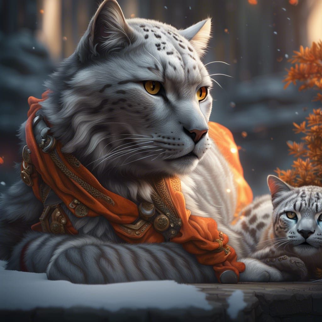 Snow Leopard and Cat Meet: Hyperdetailed Concept Art