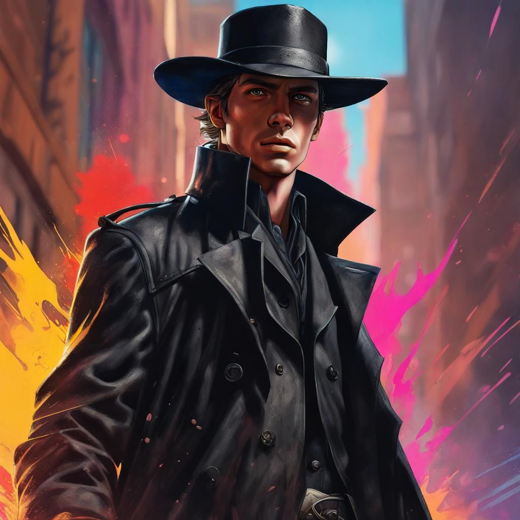 Young Gunslinger in Black Trenchcoat: Hyperrealistic Splash ...
