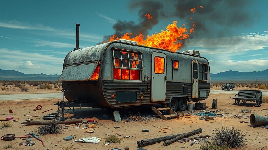 Burning Caravan in a Desolate Landscape, in a Style Inspired...