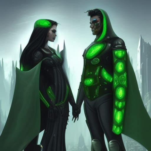 fantasy cyborg man and woman wearing black and green cloaks ...