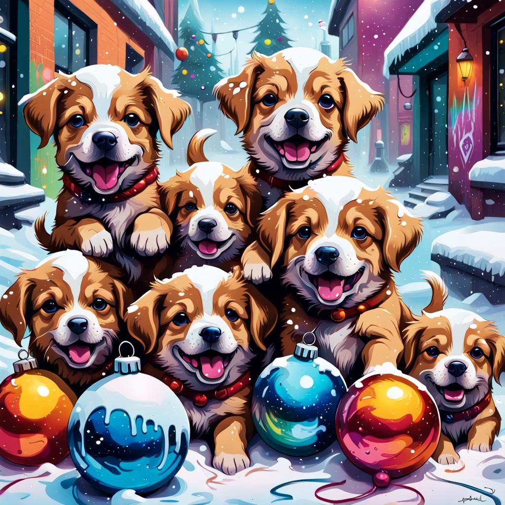 Festive Puppies in Graffiti Art Style