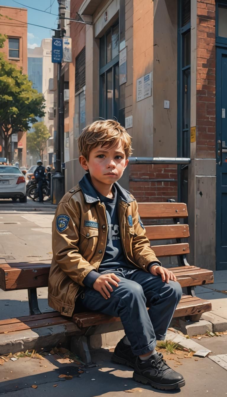 Boy on Bench Near Police Station: Hyperrealistic Art