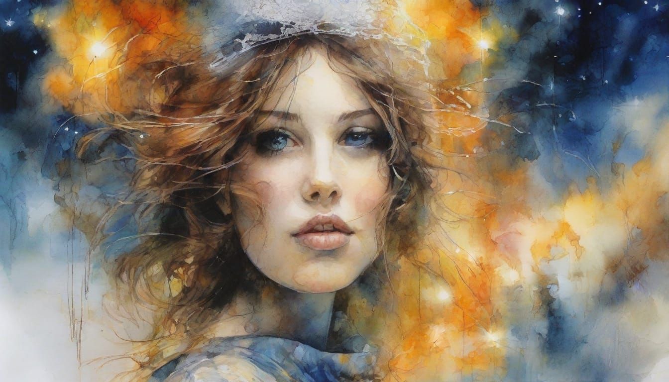 Lone Wanderer Gazes at Moonlit Sky in Abstract Watercolor St...