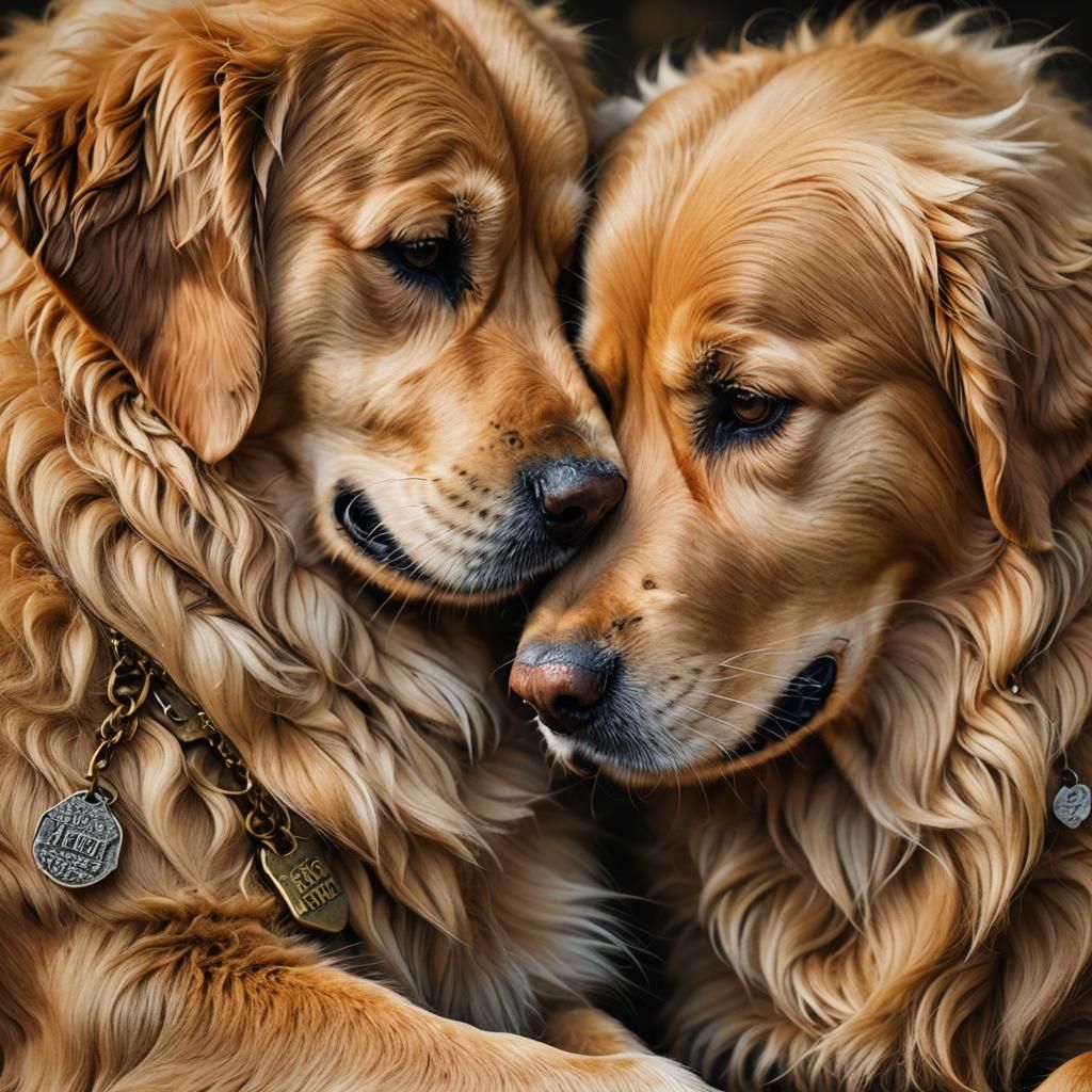 Golden Retrievers Nuzzling in Fantasy Realism