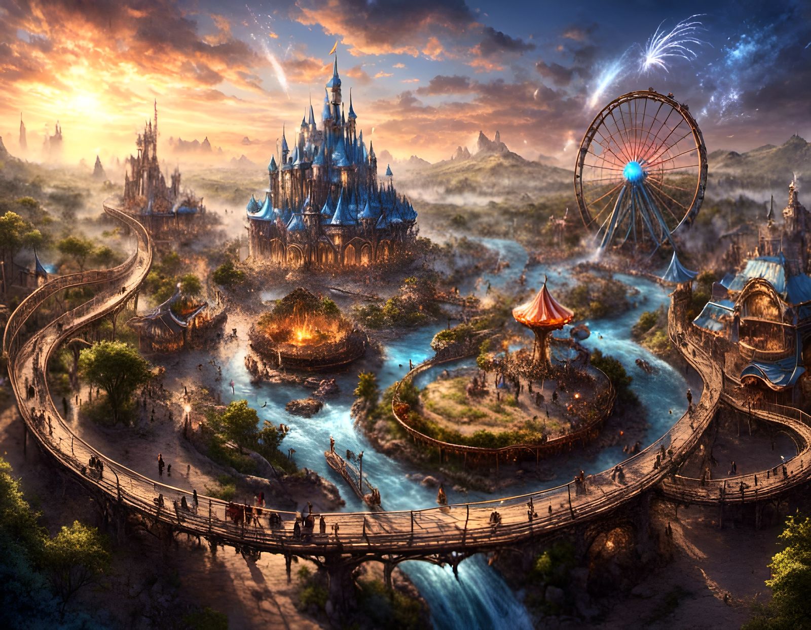 Fantasy Theme Park with Mythical Creatures, Digital Art