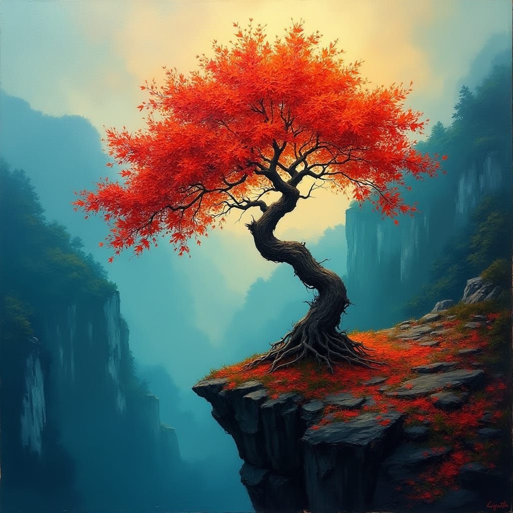 Autumn Landscape with Resilient Red Maple Tree