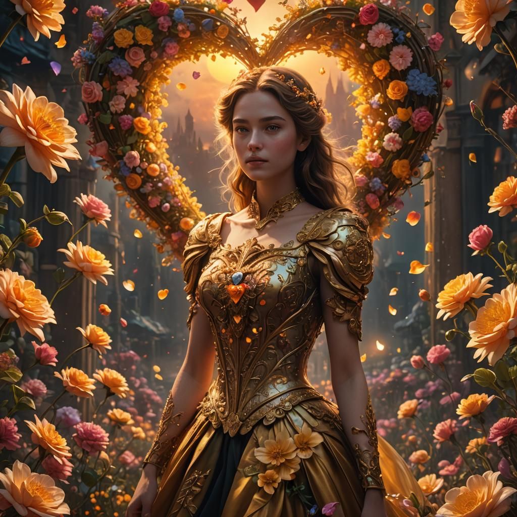Heart Surrounded by Flowers in Digital Painting Style
