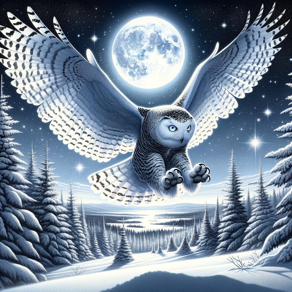 Majestic Snowy Owl Soars Under Silvery Moonlight
