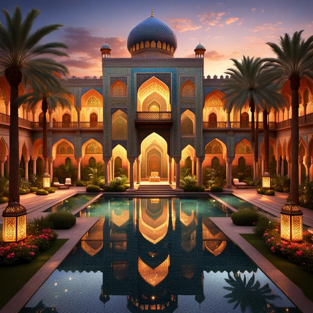 Enchanting Persian Palace in Lush Oasis at Dusk