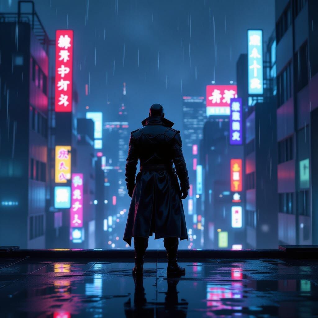 Cybernetic Figure Gazing Over Neo-Tokyo Rooftop