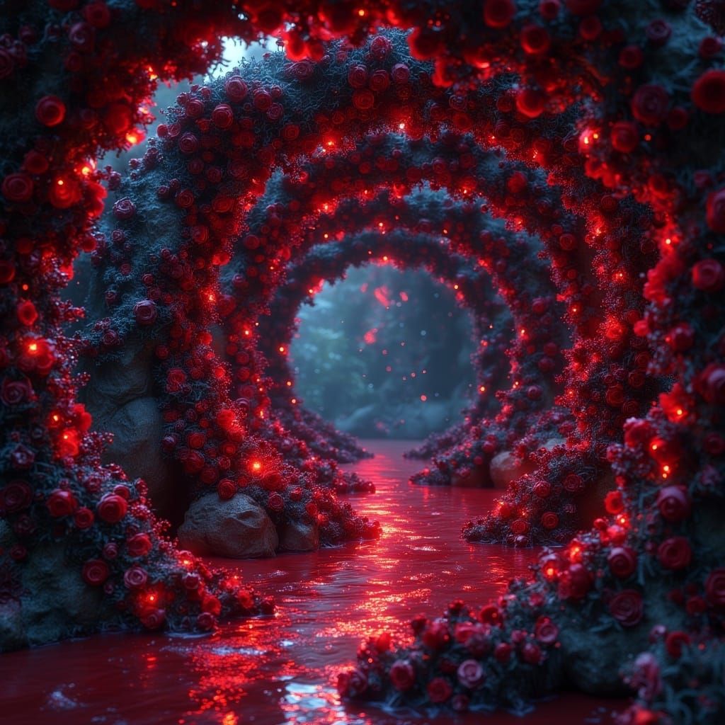 Surreal Portal of Rubies and Black Roses in Hyperrealistic S...