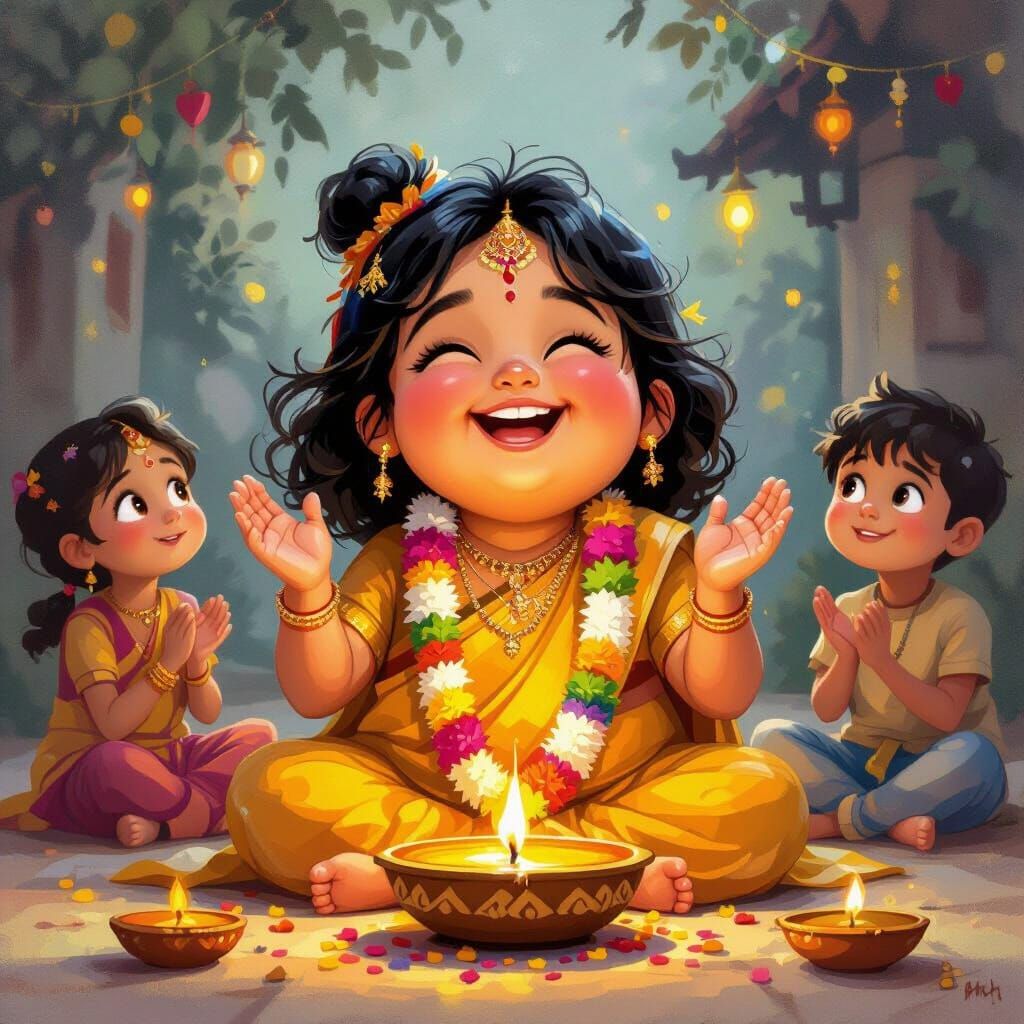 Joyful Black Girl Celebrates Diwali with Neighbors