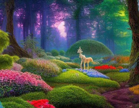 Sunset-Hybrid Woman in Magical Forest, Art Nouveau Style