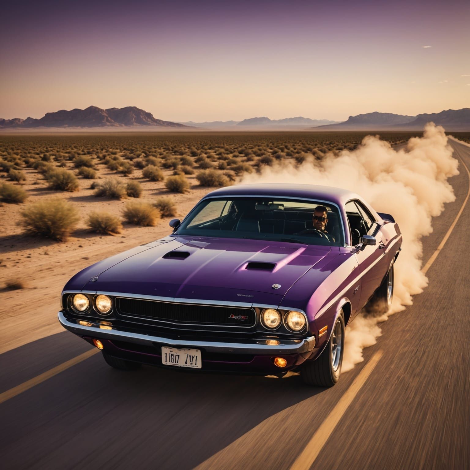 1970 Dodge Challenger Speeds Through Desert Dusk