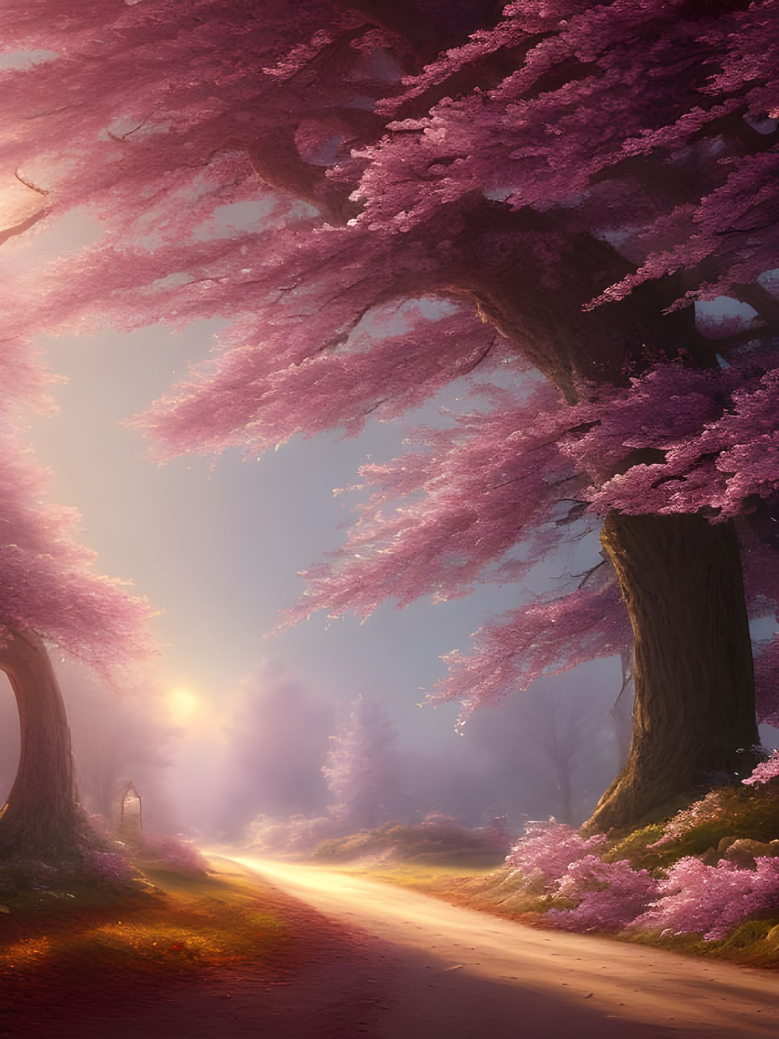 Cherry Blossom Forest Landscape in Hyper-Realistic Style