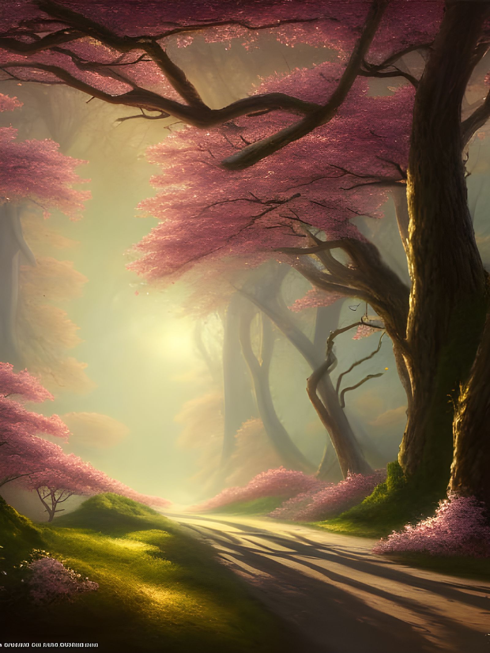 Cherry Blossom Forest Landscape at Sunrise