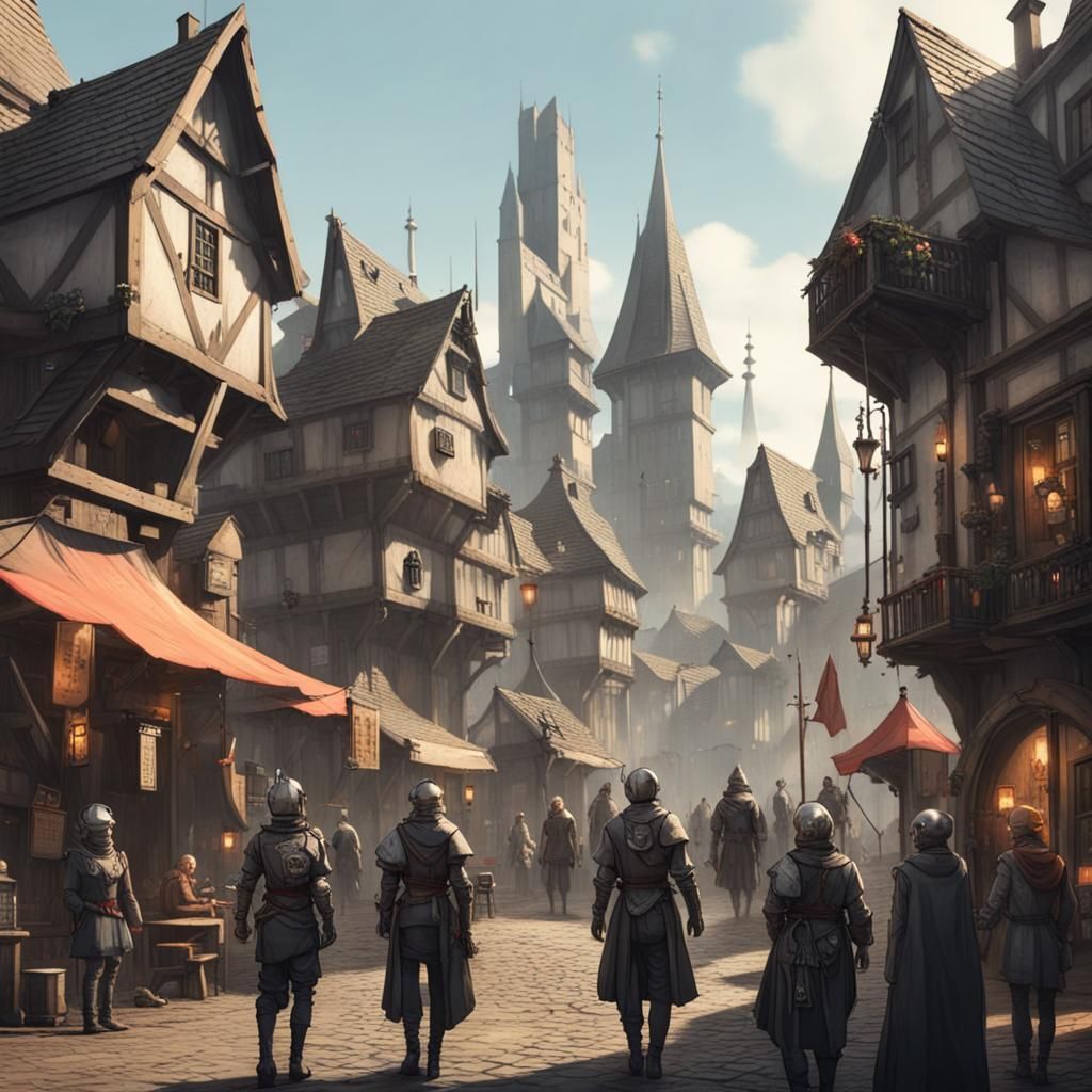 Futurepunk Medieval Village Street Scene