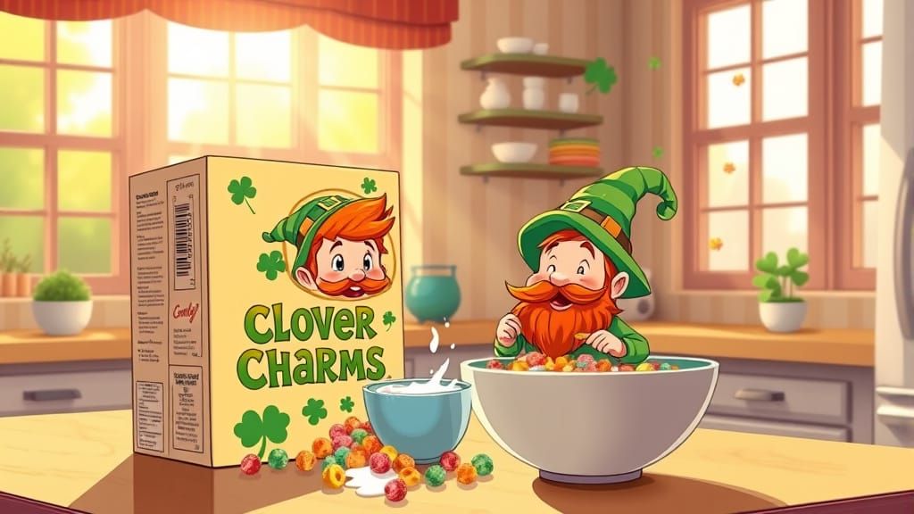 Clover Charms Cereal Box with Whimsical Leprechauns
