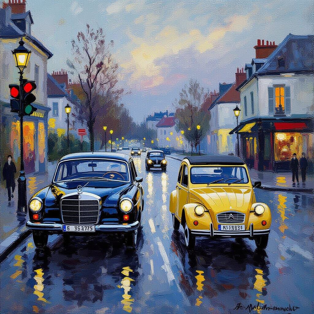 Vintage Cars at Streetlight in Impressionist Style