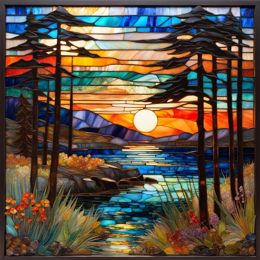 Luminous Stained Glass Landscape in Encaustic Style