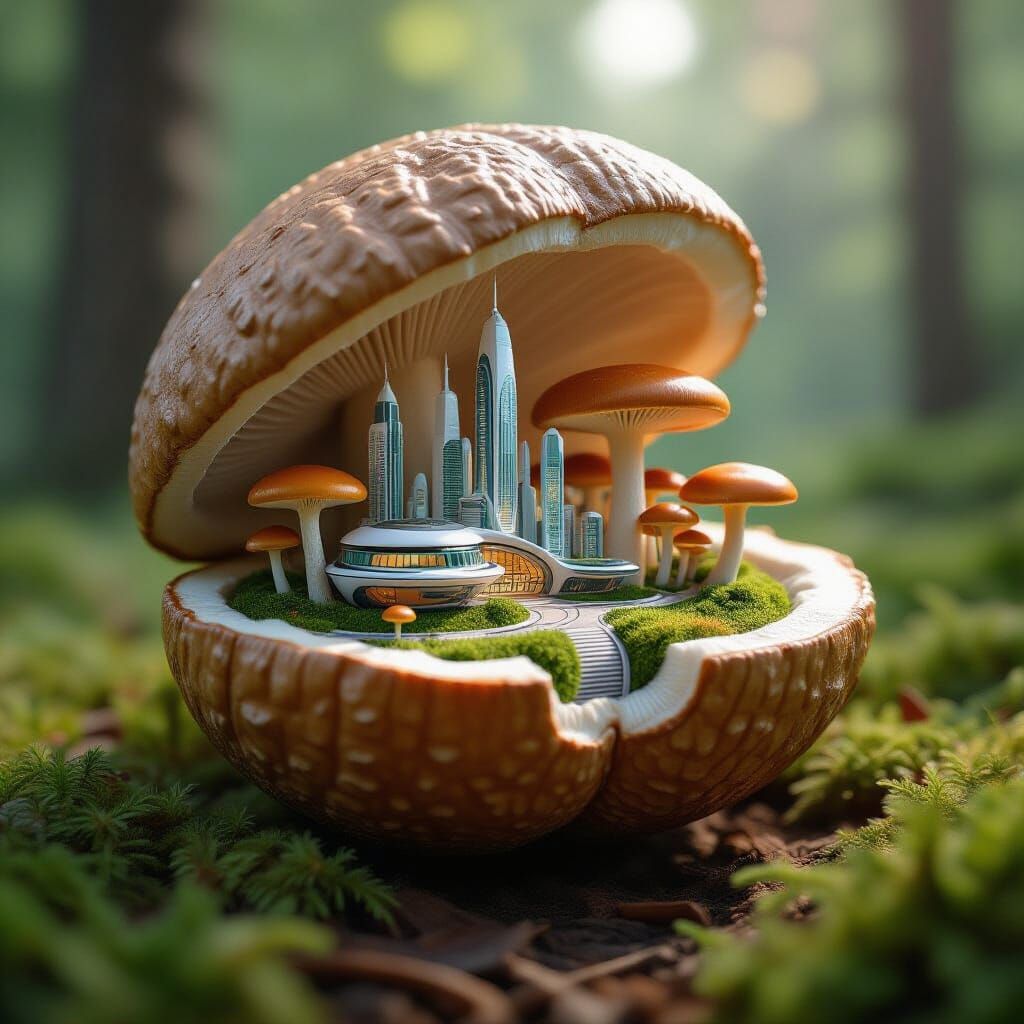 Futuristic Mushroom City Inside a Floating Chestnut