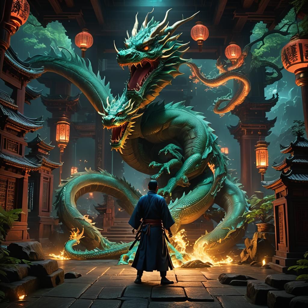 Aikido Master in Bioluminescent Dragon Temple