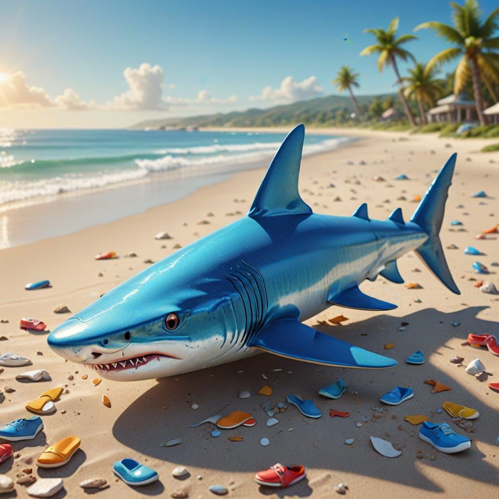 Vibrant Digital Art of Shark in Beach Shoes