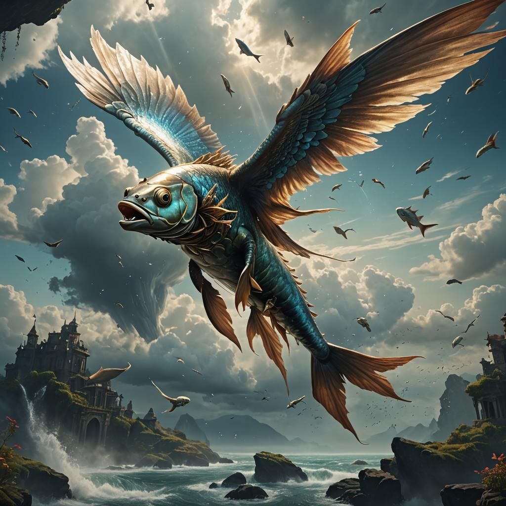 Mystical Winged Fish Gliding in the Sky