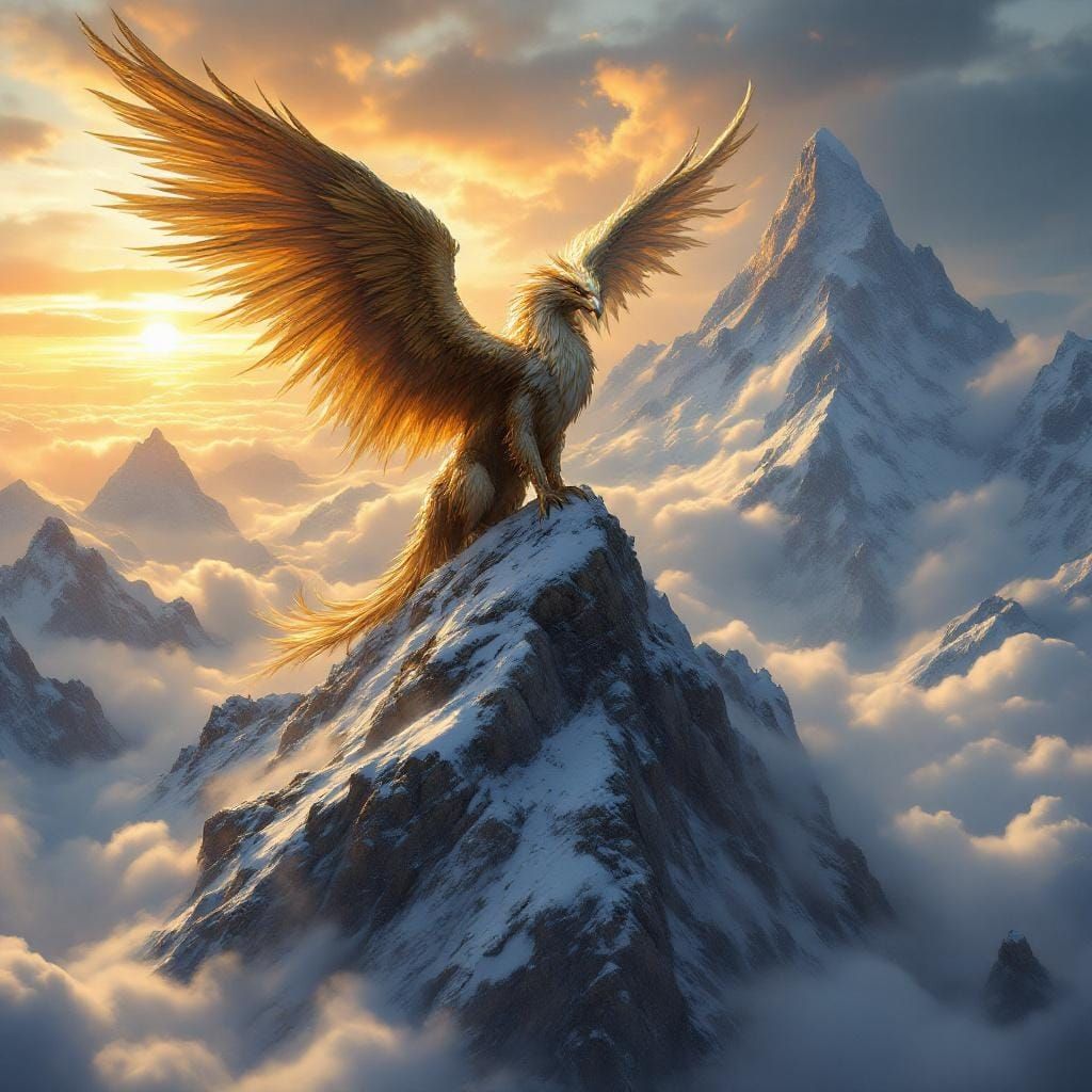 Griffin Perched Atop Mountain Peak in Baroque-Fantasy Style