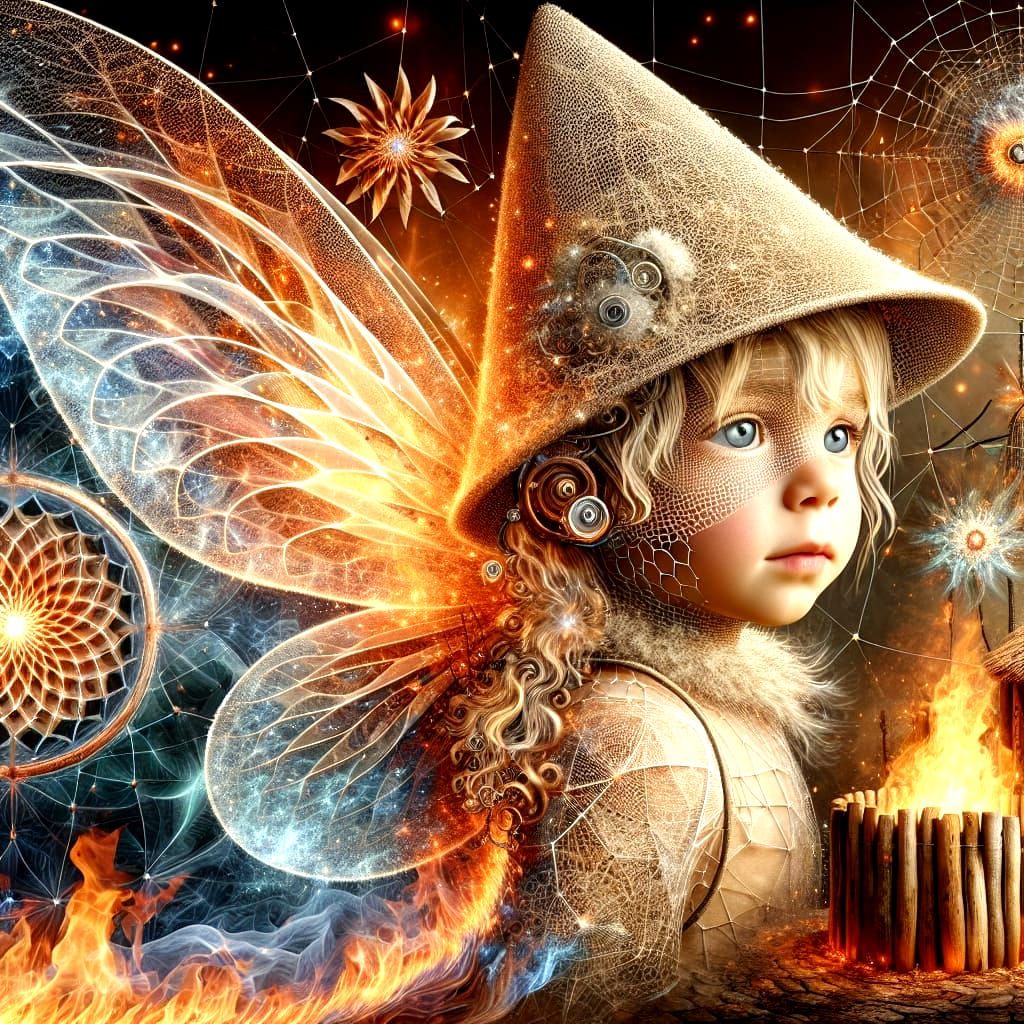 Copper Cyborg Fairy in Fiery Landscape