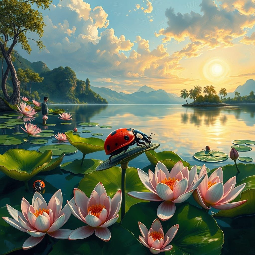 Lady bug on Lovely Lilies by the lake and lush, lovely lagoo...