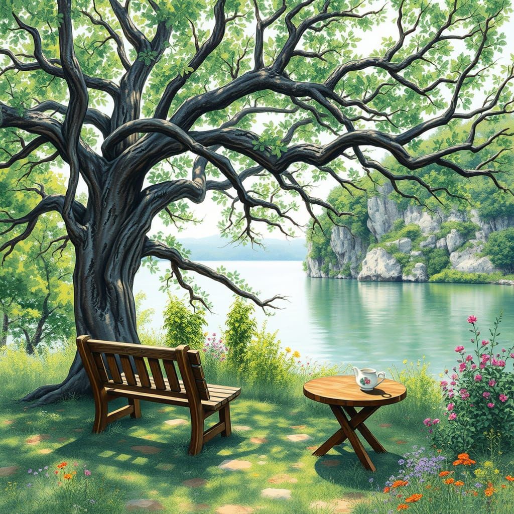 Serene Lakeside Oasis in Watercolor Style