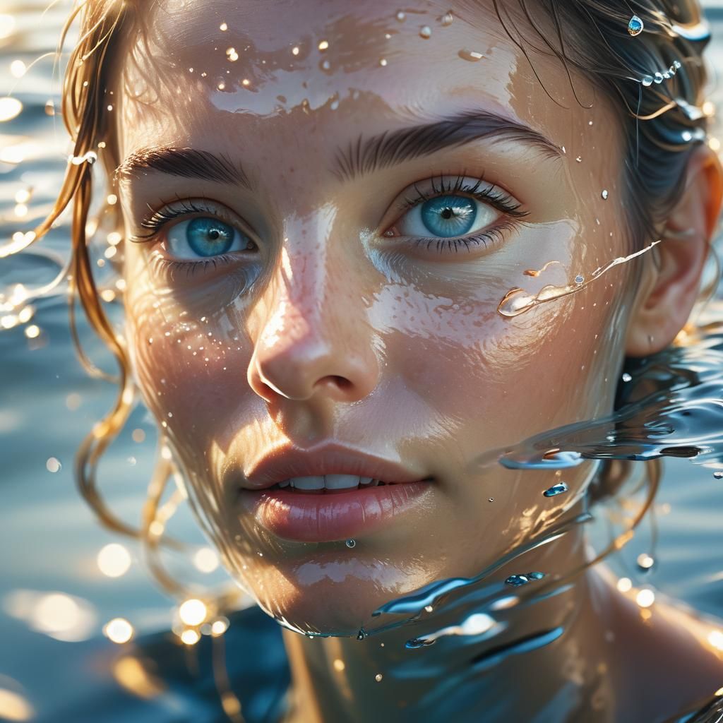 Beautiful Woman's Face Reflected in Rippling Water