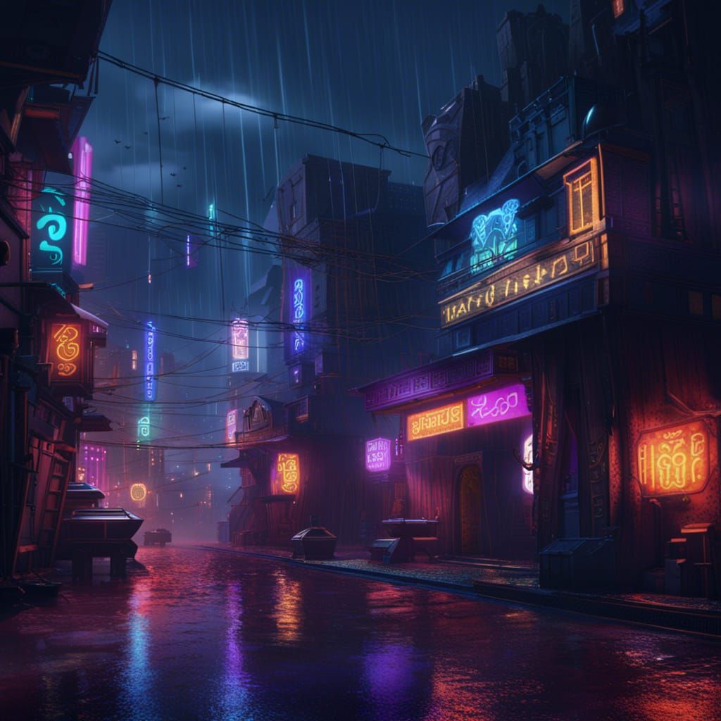 Futuristic Neon Cityscape in the Rain