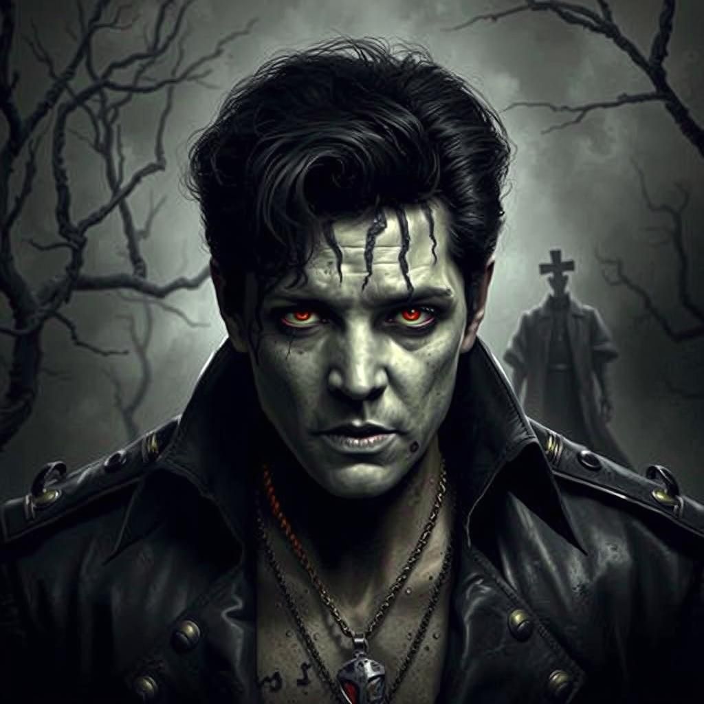 Zombie Elvis Presley in Dark Gothic Horror Style
