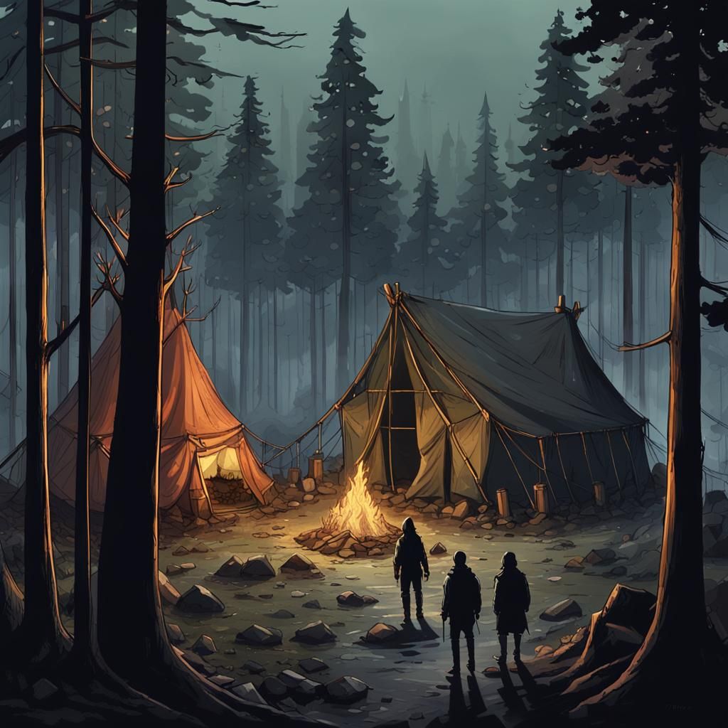 Dark Forest Camp with Cage: Epic Fantasy Art
