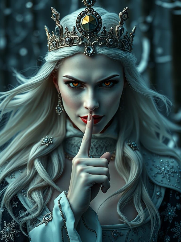Regal Vampire Queen with White Hair and Evil Smile
